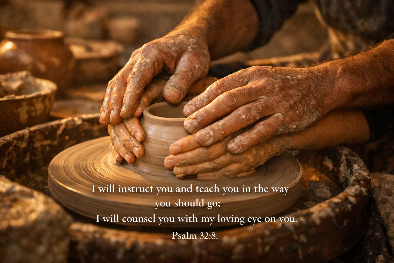 Bible verse wallpaper Psalm 32:8 with experienced potter hands guiding student hands on clay wheel in warm studio light